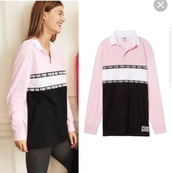 PINK Victoria's Secret Tops - VS PINK Red and Blue Rugby Top